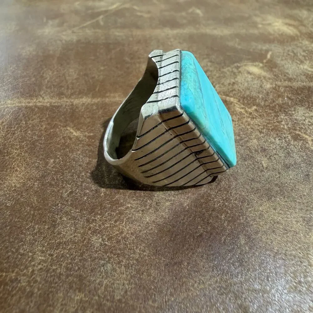 Navajo Native American Turquoise & Sterling Silver Ring Size 9 by Ray Jack